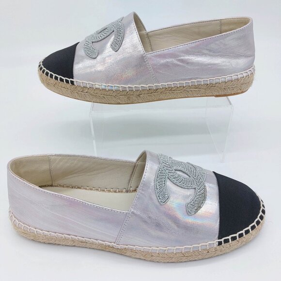 Chanel Espadrilles Laminated Lambskin Grosgrain Toe Caps Pink Silver Iridescent - Picture 7 of 12